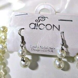 Aicon 1 Pair Double Bulb Faux Pearl Ivory Beads Fish-Hook Pierced Drop Earrings